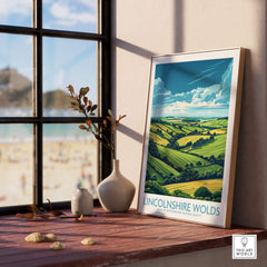 Lincolnshire Wolds Poster showcasing rolling hills and vibrant landscapes in a bright room setting.