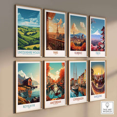 A collection of vibrant travel posters including Lincolnshire Wolds Poster, showcasing beautiful landscapes.