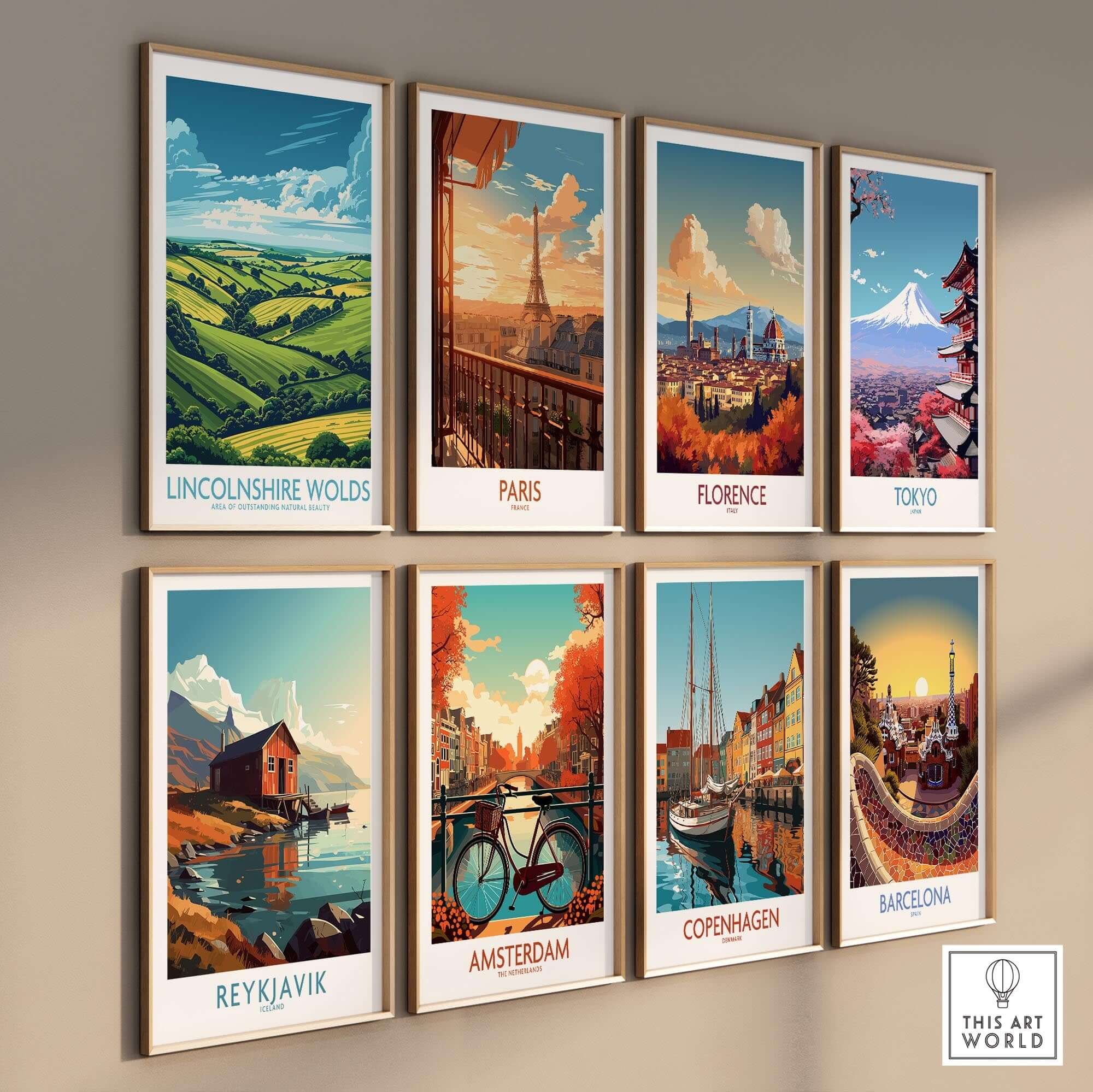 A collection of vibrant travel posters including Lincolnshire Wolds Poster, showcasing beautiful landscapes.