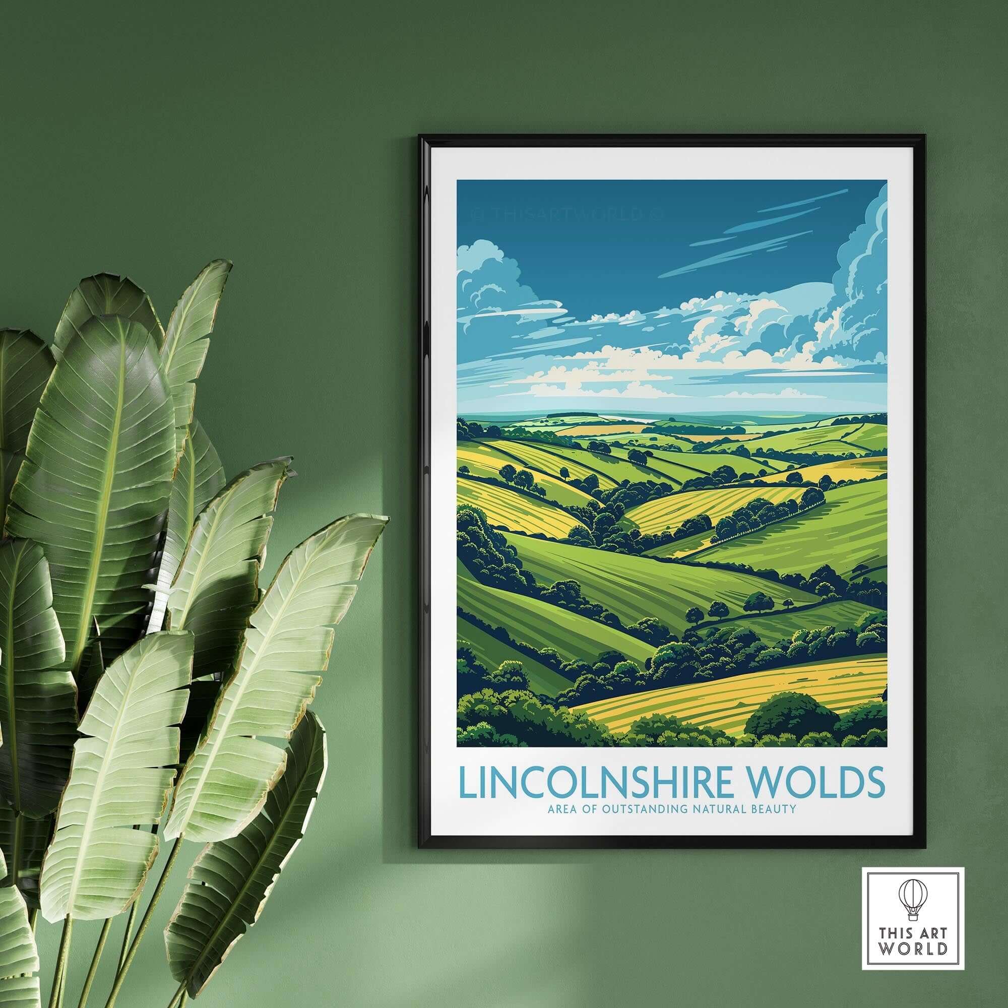 Lincolnshire Wolds Poster showcasing rolling hills and vibrant landscapes of Area of Outstanding Natural Beauty.