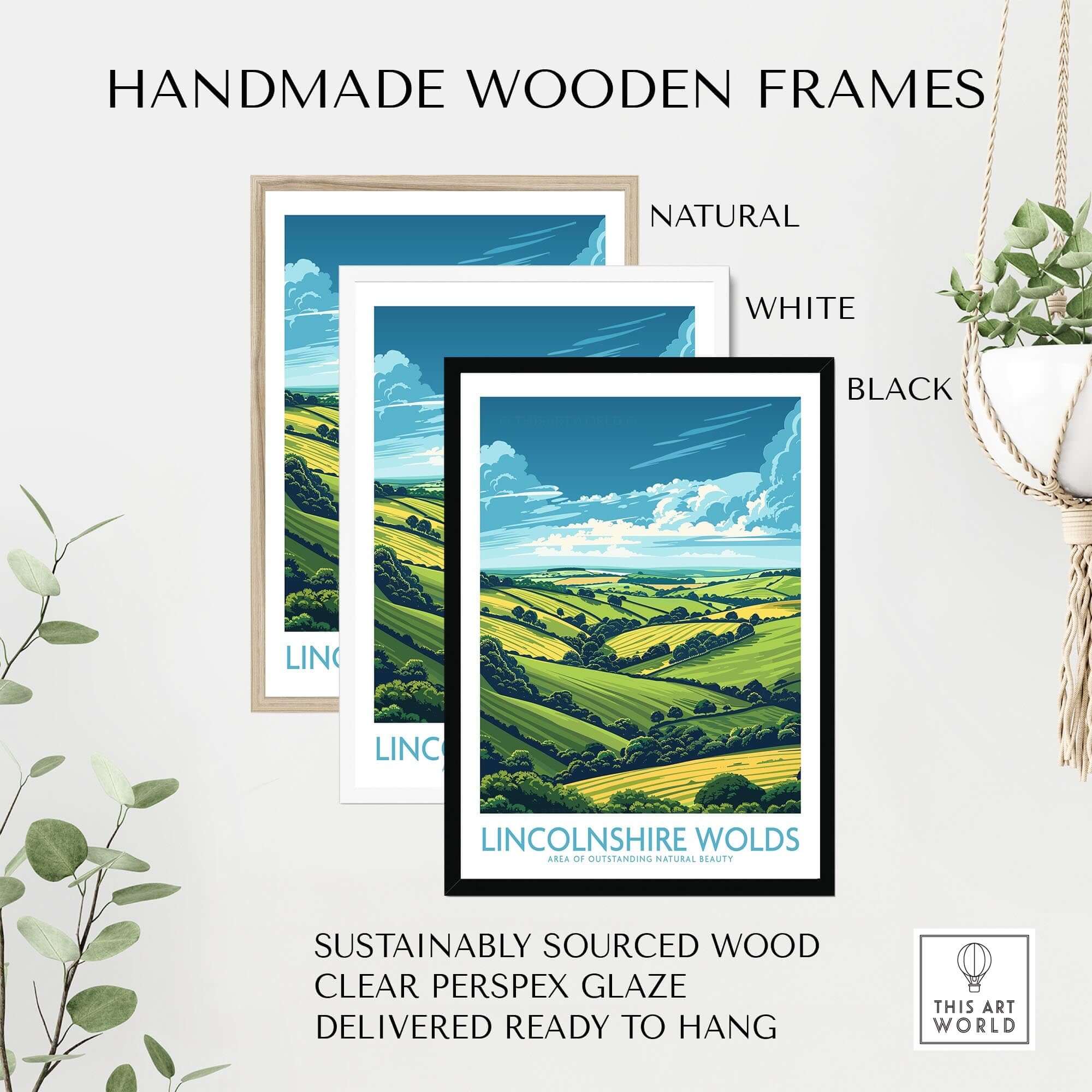 Lincolnshire Wolds Poster displayed in handmade wooden frames: natural, white, and black options.