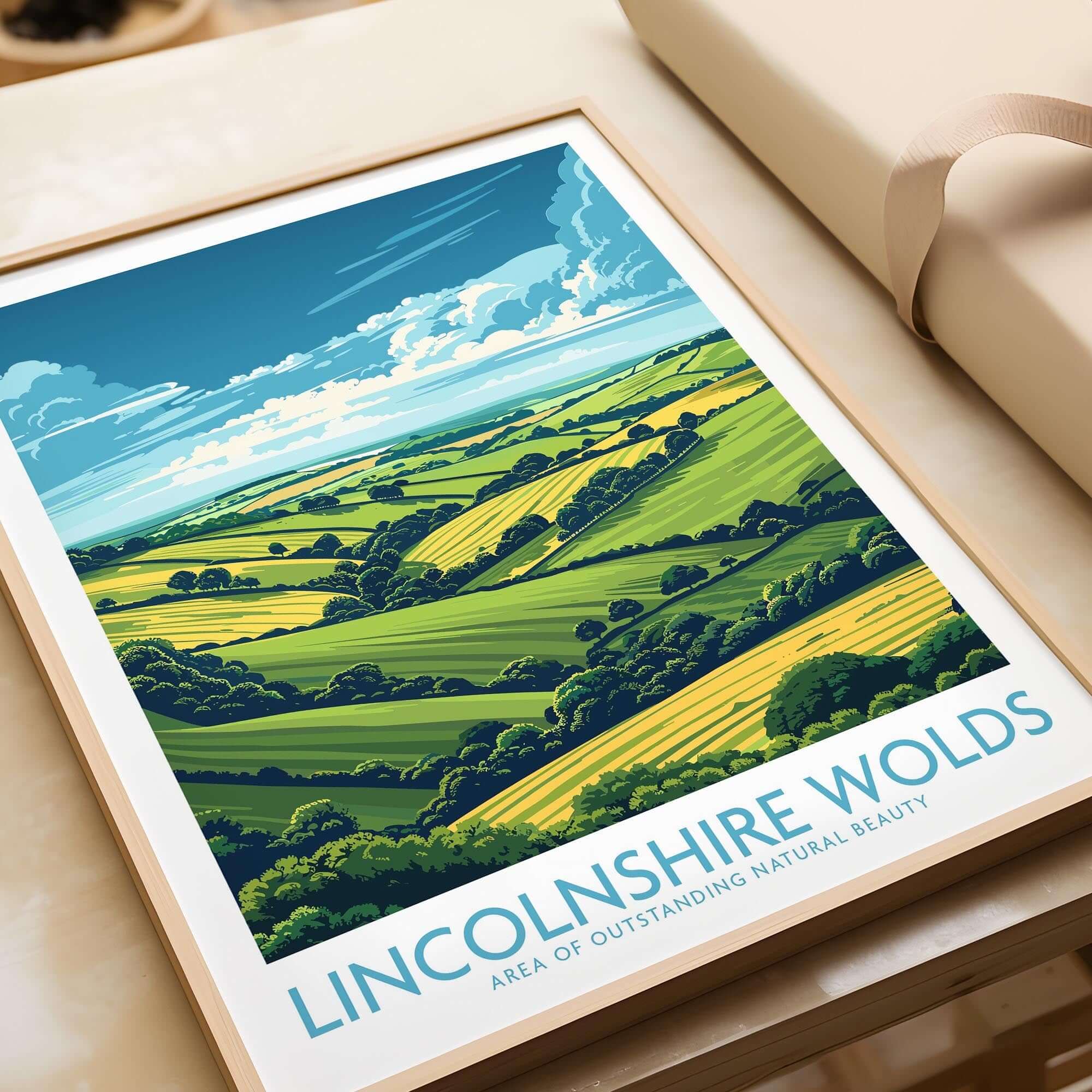 Lincolnshire Wolds Poster featuring vibrant rolling hills and lush greenery of Lincolnshire Wolds.