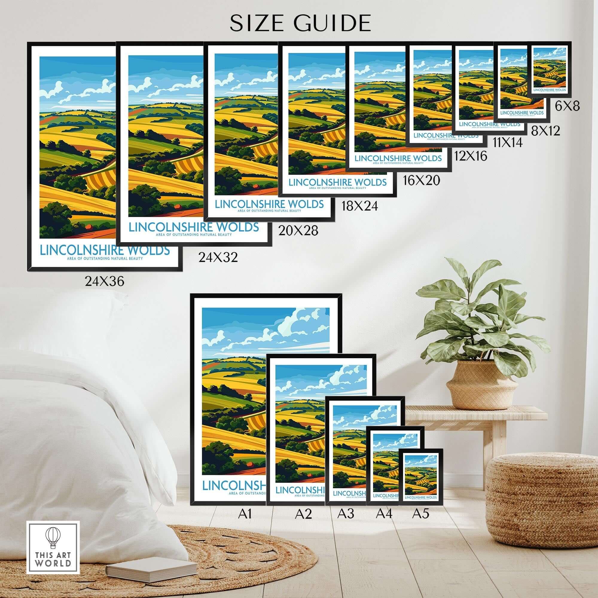 Size guide for Lincolnshire Wolds Print wall art, showcasing various print sizes for home decor.