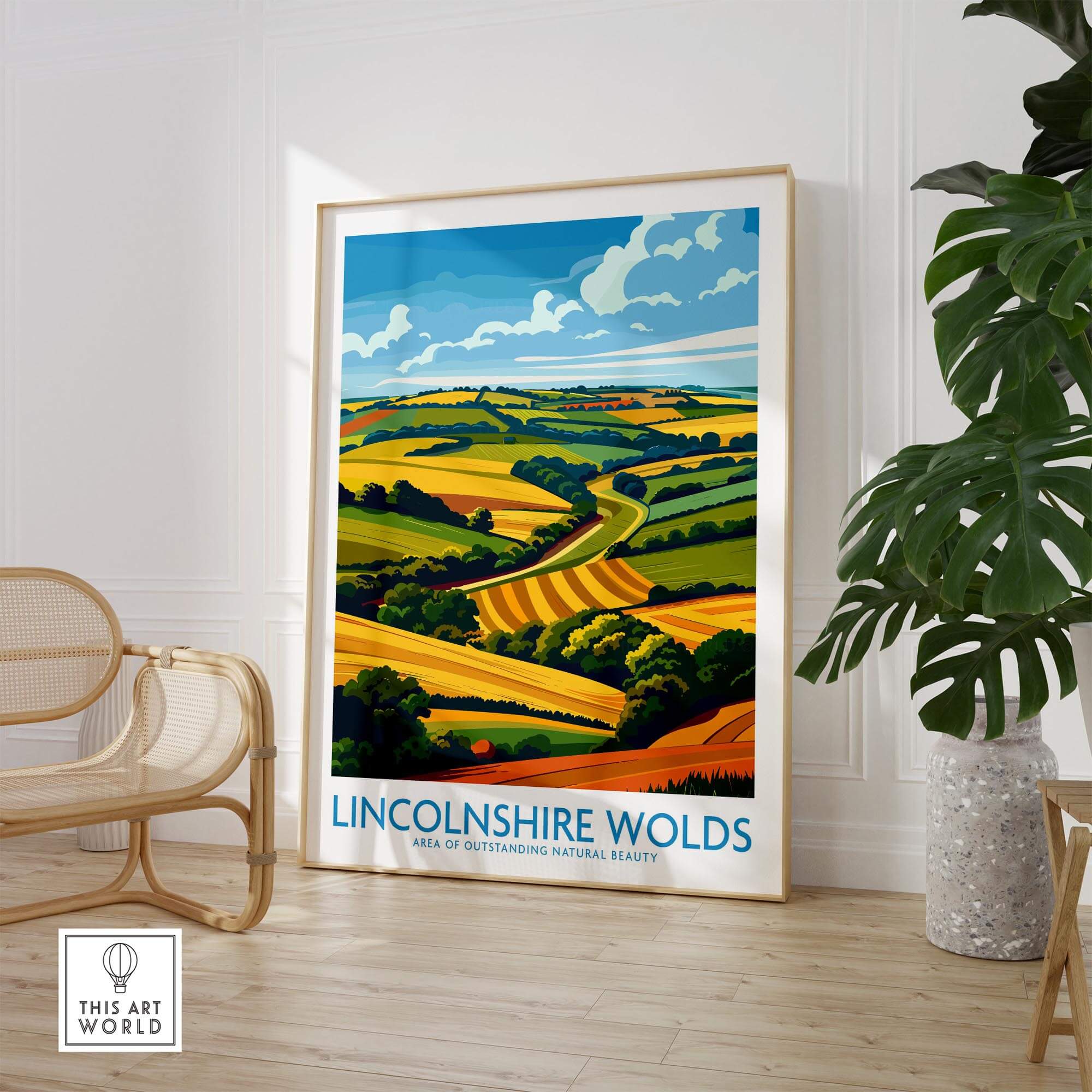Lincolnshire Wolds Print showcasing vibrant hills and countryside, perfect wall art for nature lovers.