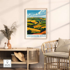 Lincolnshire Wolds Print showcasing vibrant hills and scenery in stylish interior setting.