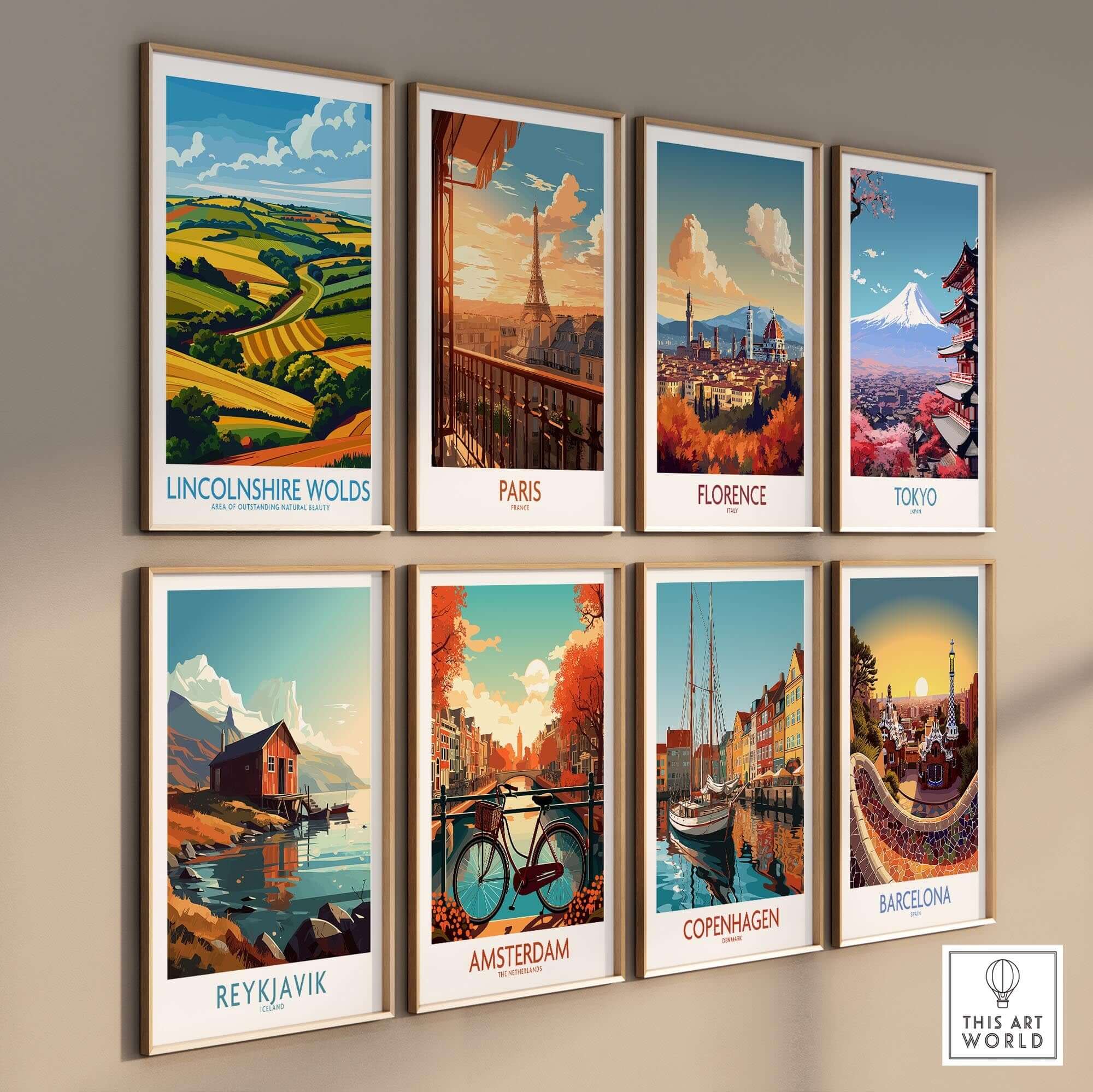 Lincolnshire Wolds Print and other travel-themed wall art prints beautifully displayed on a wall.