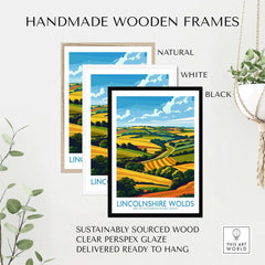Lincolnshire Wolds Print framed in natural, white, and black handmade wooden frames, showcasing sustainable elegance.
