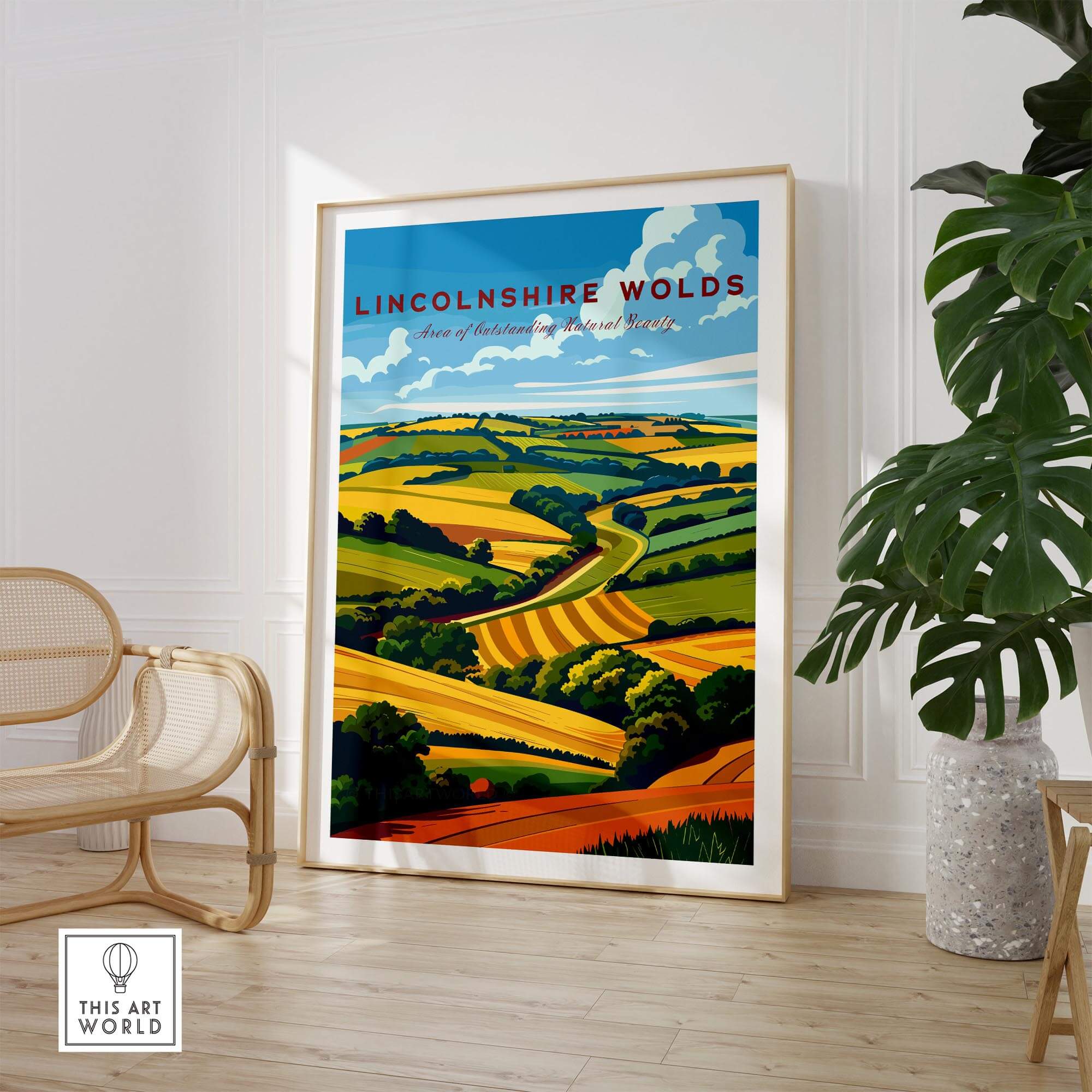 Lincolnshire Wolds Travel Poster showcasing stunning landscapes and vibrant colors.