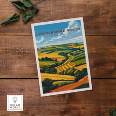 Lincolnshire Wolds Travel Poster showcasing picturesque landscapes and rolling hills of the Area of Outstanding Natural Beauty.