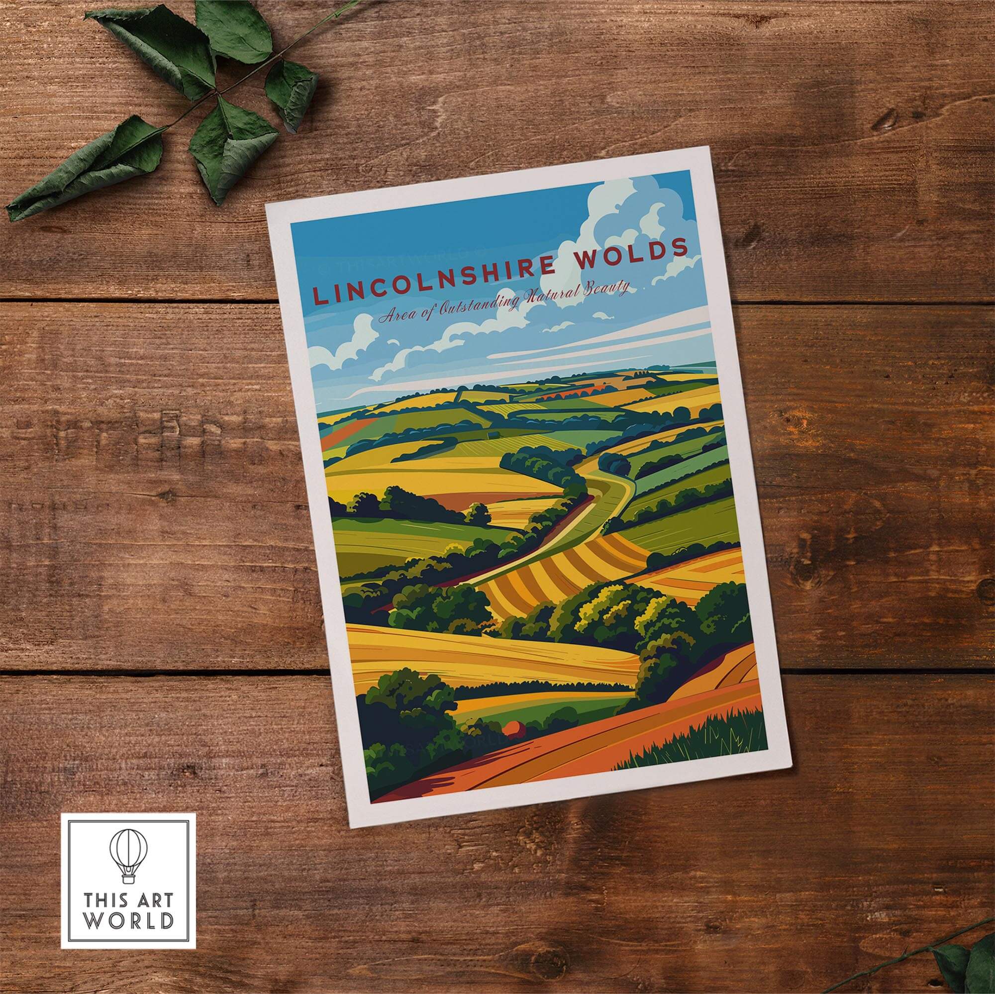 Lincolnshire Wolds Travel Poster showcasing picturesque landscapes and rolling hills of the Area of Outstanding Natural Beauty.