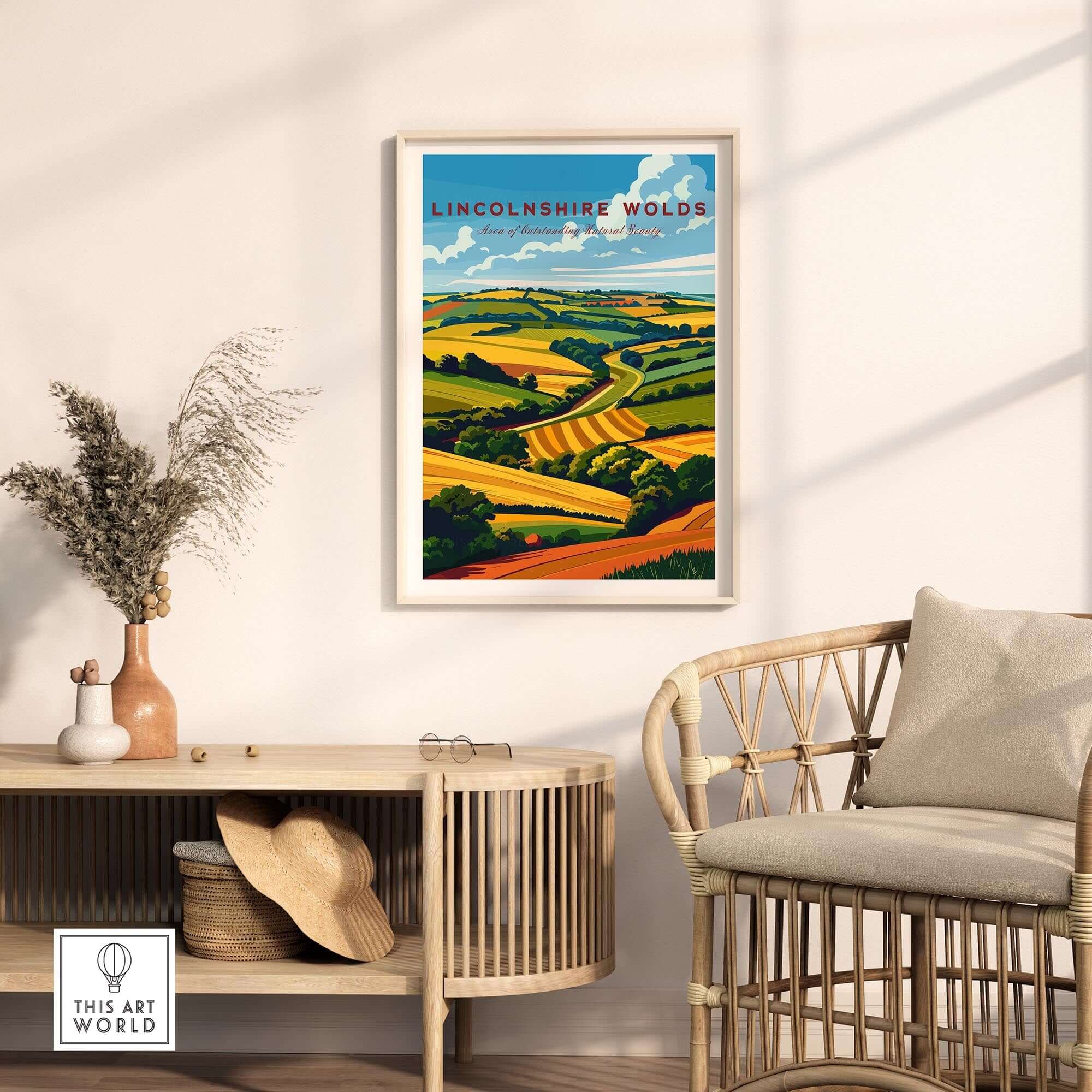 Lincolnshire Wolds Travel Poster showcasing stunning landscapes in a stylish home interior.