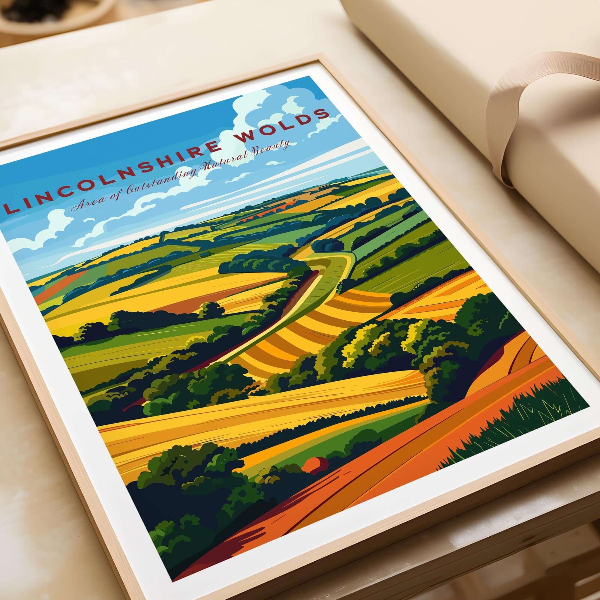 Lincolnshire Wolds Travel Poster showcasing the stunning landscapes and AONB nature of Lincolnshire Wolds.