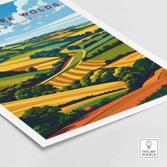 Lincolnshire Wolds Travel Poster showcasing vibrant landscapes and the beauty of the AONB in a colorful art style.