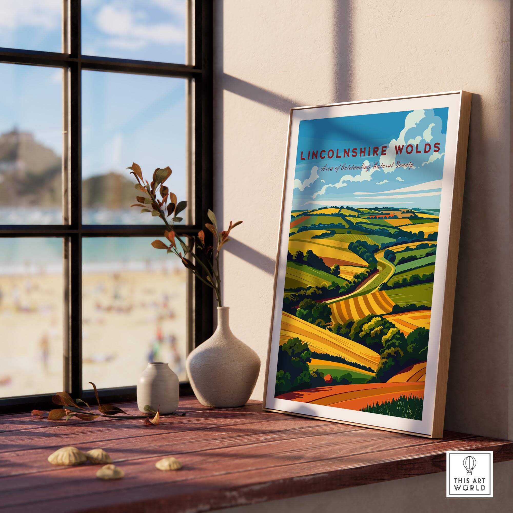 Lincolnshire Wolds Travel Poster featuring vibrant landscapes and iconic AONB scenery.
