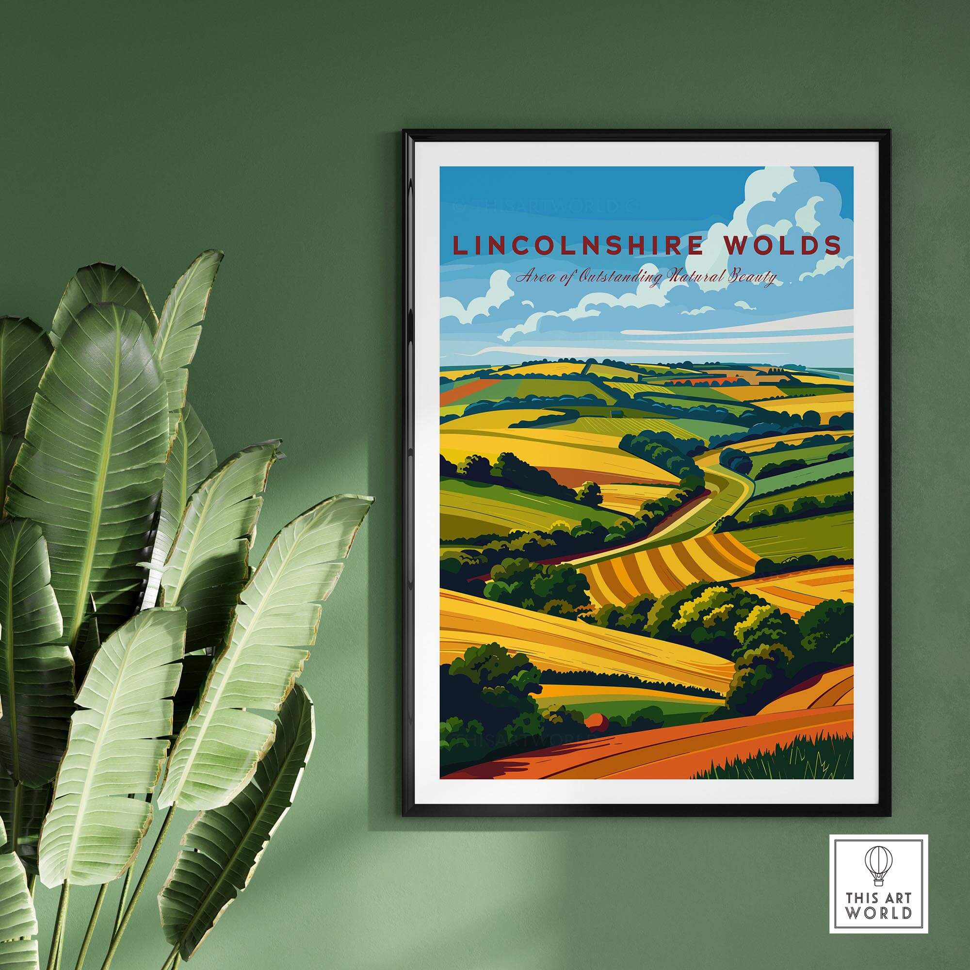 Lincolnshire Wolds Travel Poster showcasing stunning landscapes of the AONB in vibrant colors.