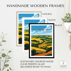 Handmade wooden frames for Lincolnshire Wolds Travel Poster in natural, white, and black colors, sustainably sourced wood.