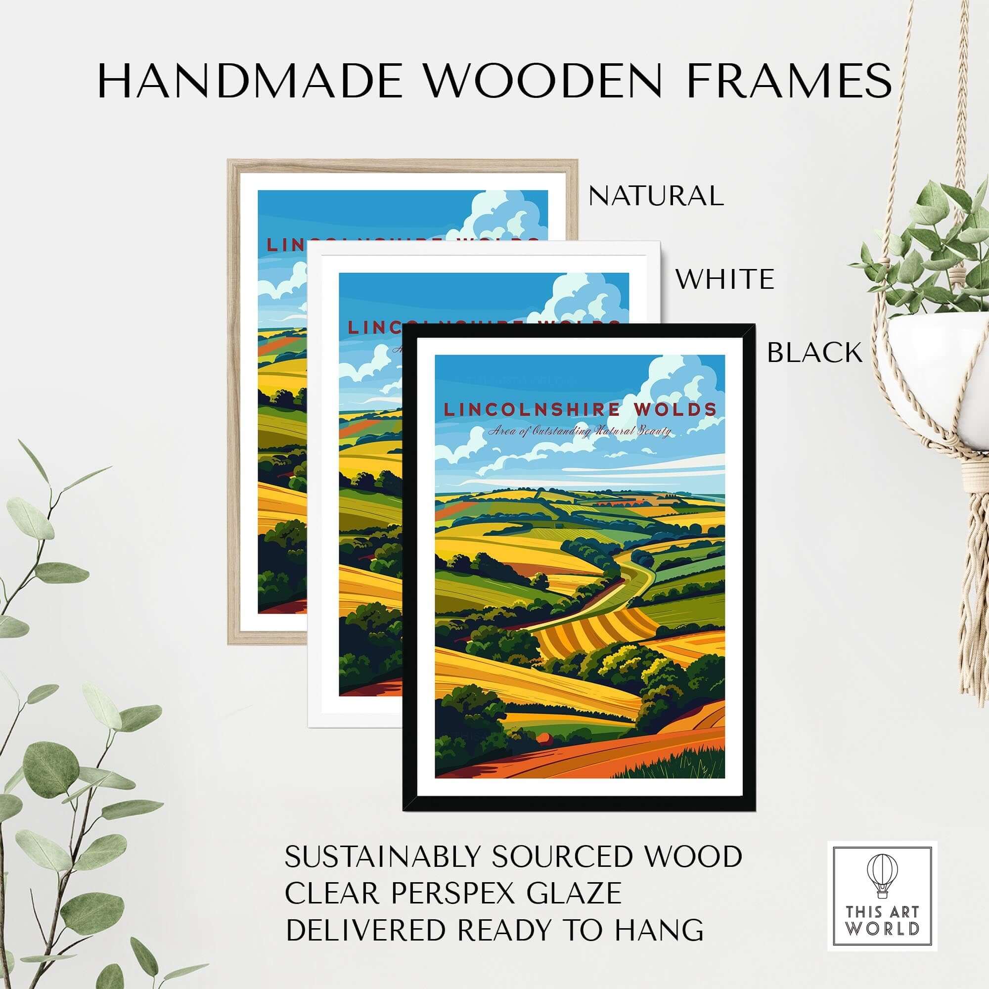 Handmade wooden frames for Lincolnshire Wolds Travel Poster in natural, white, and black colors, sustainably sourced wood.