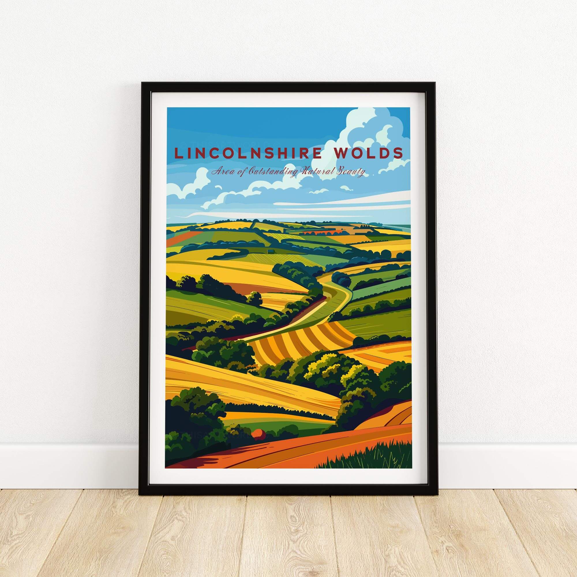Lincolnshire Wolds Travel Poster showcasing vibrant landscapes of the AONB in a framed design.