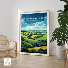 Lincolnshire Wolds Travel Print - Area of Outstanding Natural Beauty showcasing vibrant green hills and blue skies.