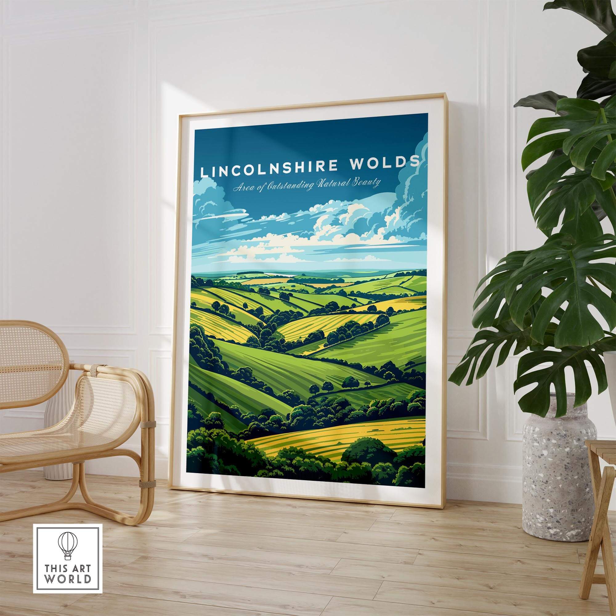 Lincolnshire Wolds Travel Print - Area of Outstanding Natural Beauty showcasing vibrant green hills and blue skies.