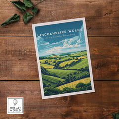 Lincolnshire Wolds Travel Print - Area of Outstanding Natural Beauty with vibrant green hills and blue skies.