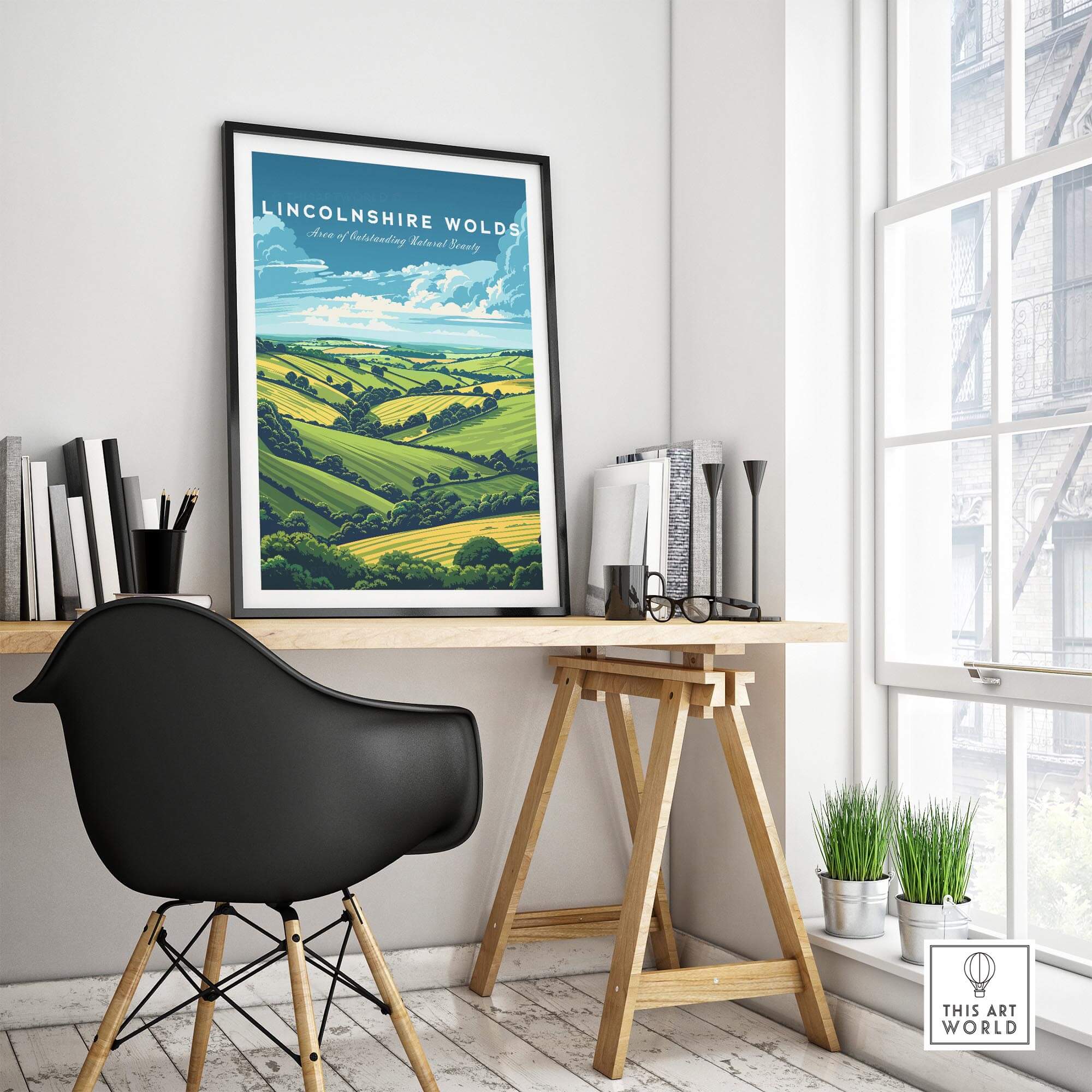 Lincolnshire Wolds Travel Print - Area of Outstanding Natural Beauty displayed in a stylish home office setting.