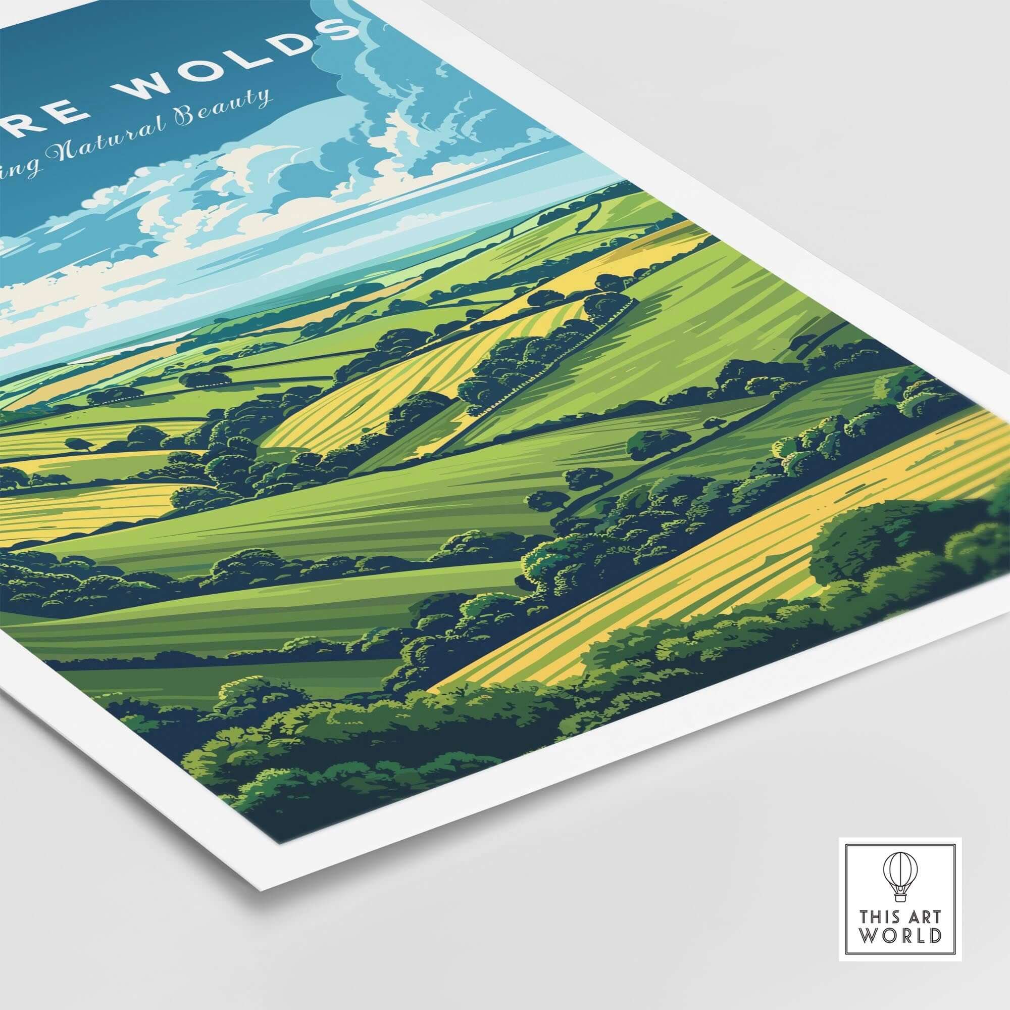 Lincolnshire Wolds Travel Print - Area of Outstanding Natural Beauty capturing the lush green hills and cloudy skies.