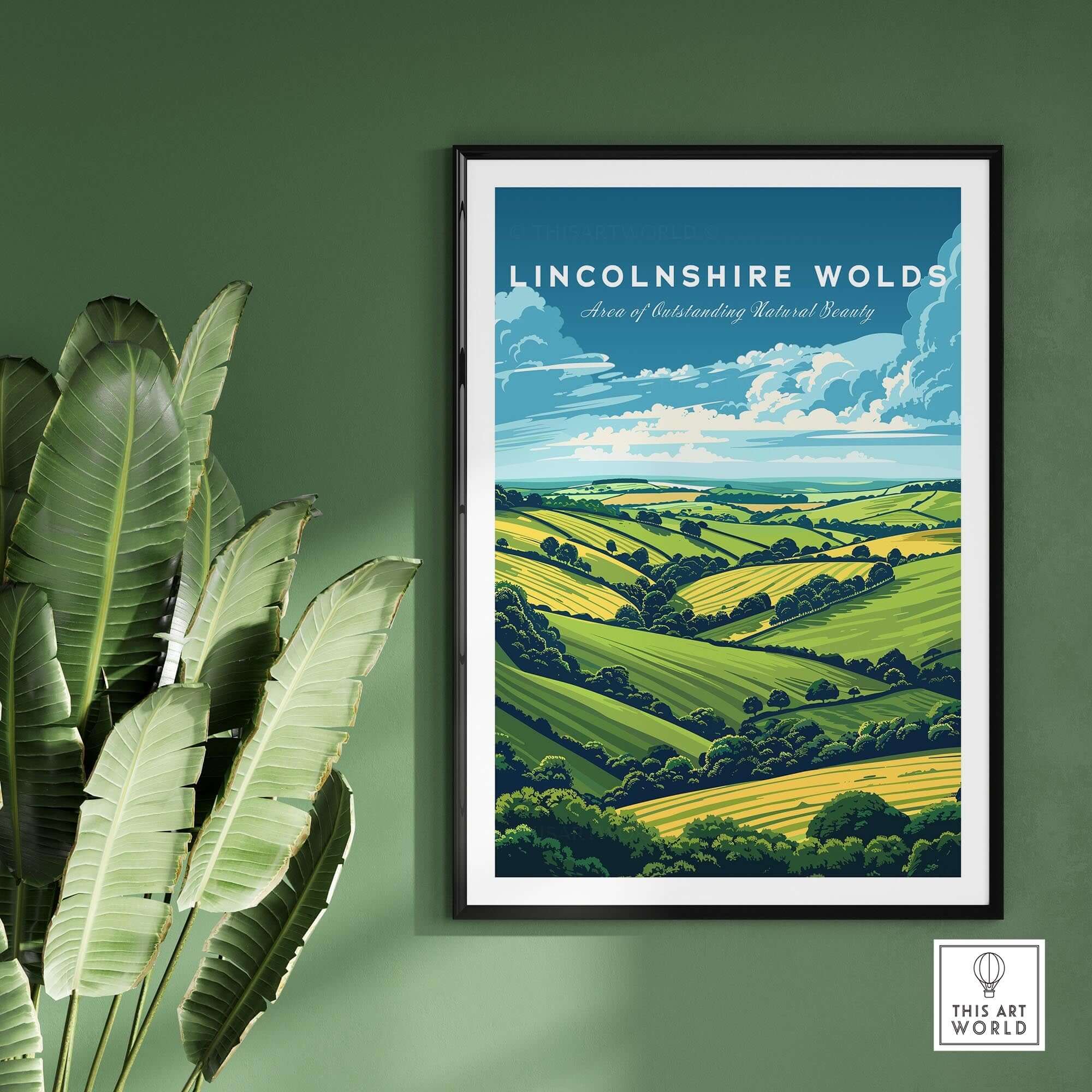 Lincolnshire Wolds Travel Print - Area of Outstanding Natural Beauty showcasing vibrant landscape scenery.