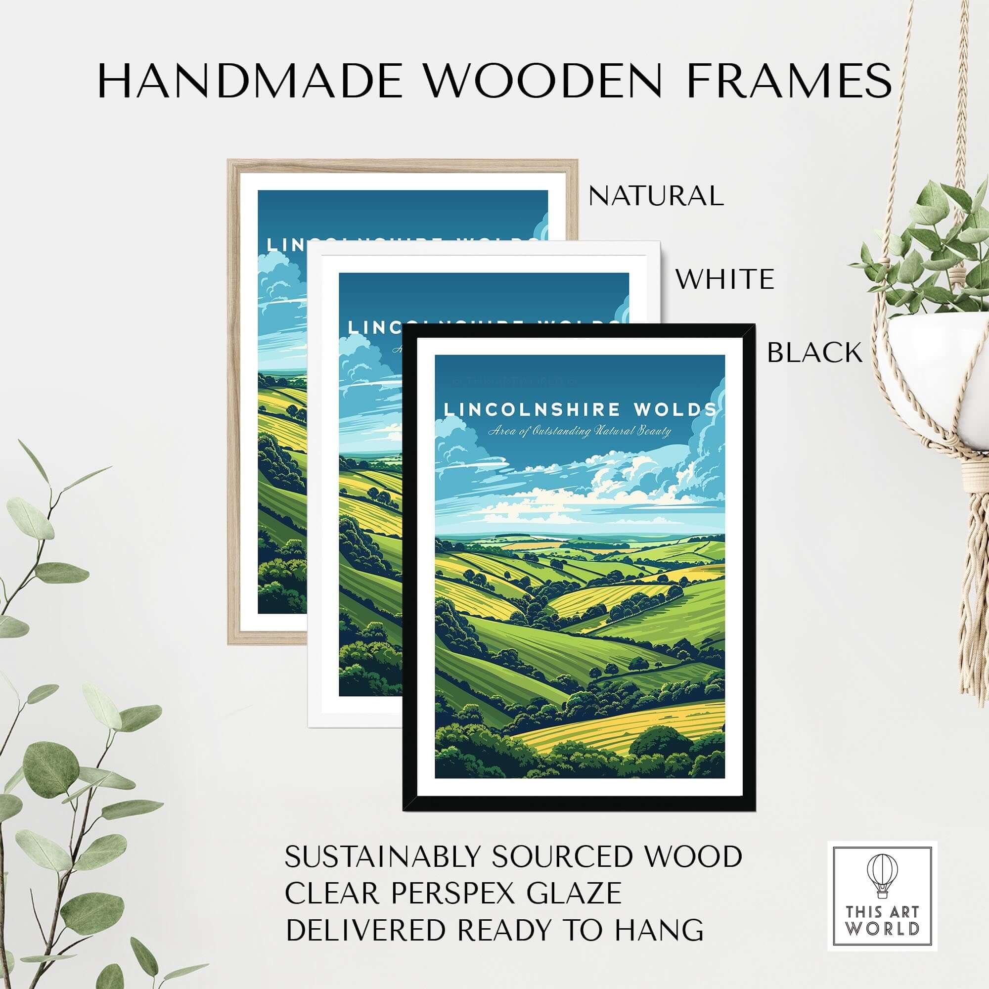 Lincolnshire Wolds Travel Print - Area of Outstanding Natural Beauty displayed in handmade wooden frames.