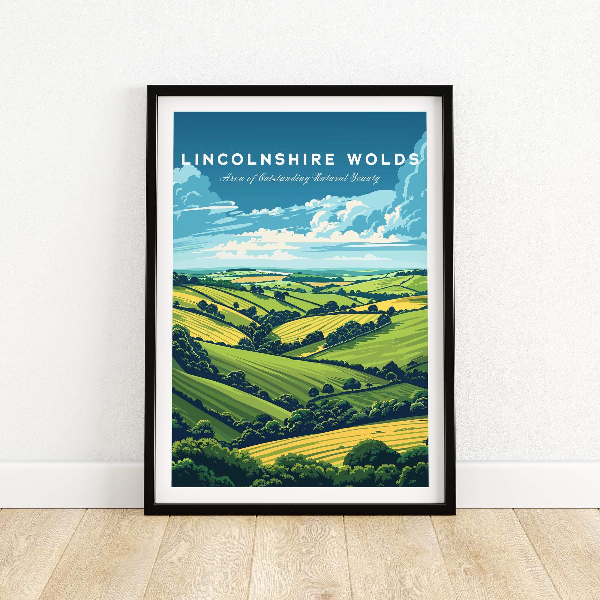 Lincolnshire Wolds Travel Print - Area of Outstanding Natural Beauty, vibrant landscape poster framed on wood floor.