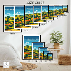 Lincolnshire Wolds Wall Art Print size guide with various frame sizes displayed.