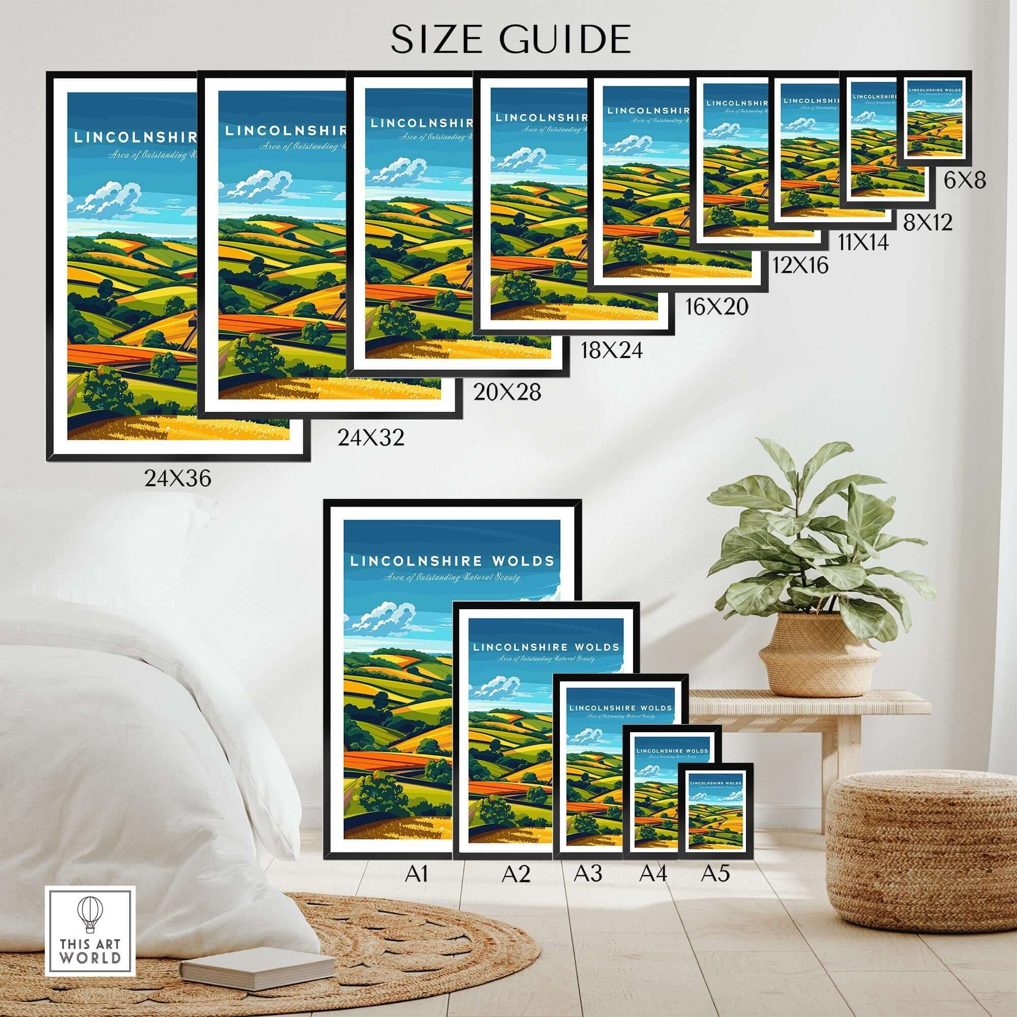 Lincolnshire Wolds Wall Art Print size guide with various frame sizes displayed.