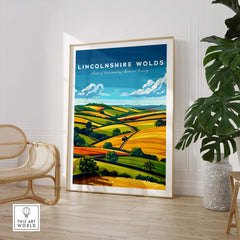 Lincolnshire Wolds Wall Art Print showcasing vibrant rolling hills and countryside charm.