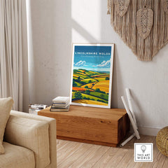 Lincolnshire Wolds Wall Art Print showcasing picturesque hills and charming landscape in a cozy interior setting.