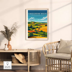 Lincolnshire Wolds Wall Art Print featuring rolling hills and farmland in an elegant interior setting.