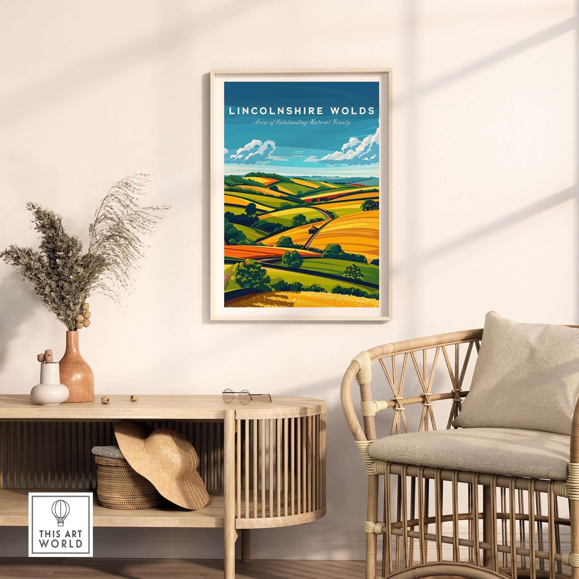 Lincolnshire Wolds Wall Art Print featuring rolling hills and farmland in an elegant interior setting.