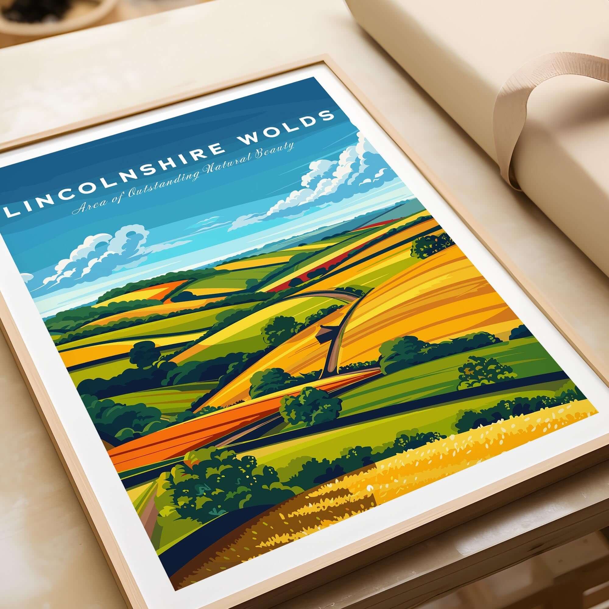 Lincolnshire Wolds Wall Art Print showcasing vibrant rolling hills and lush landscapes of England's AONB.