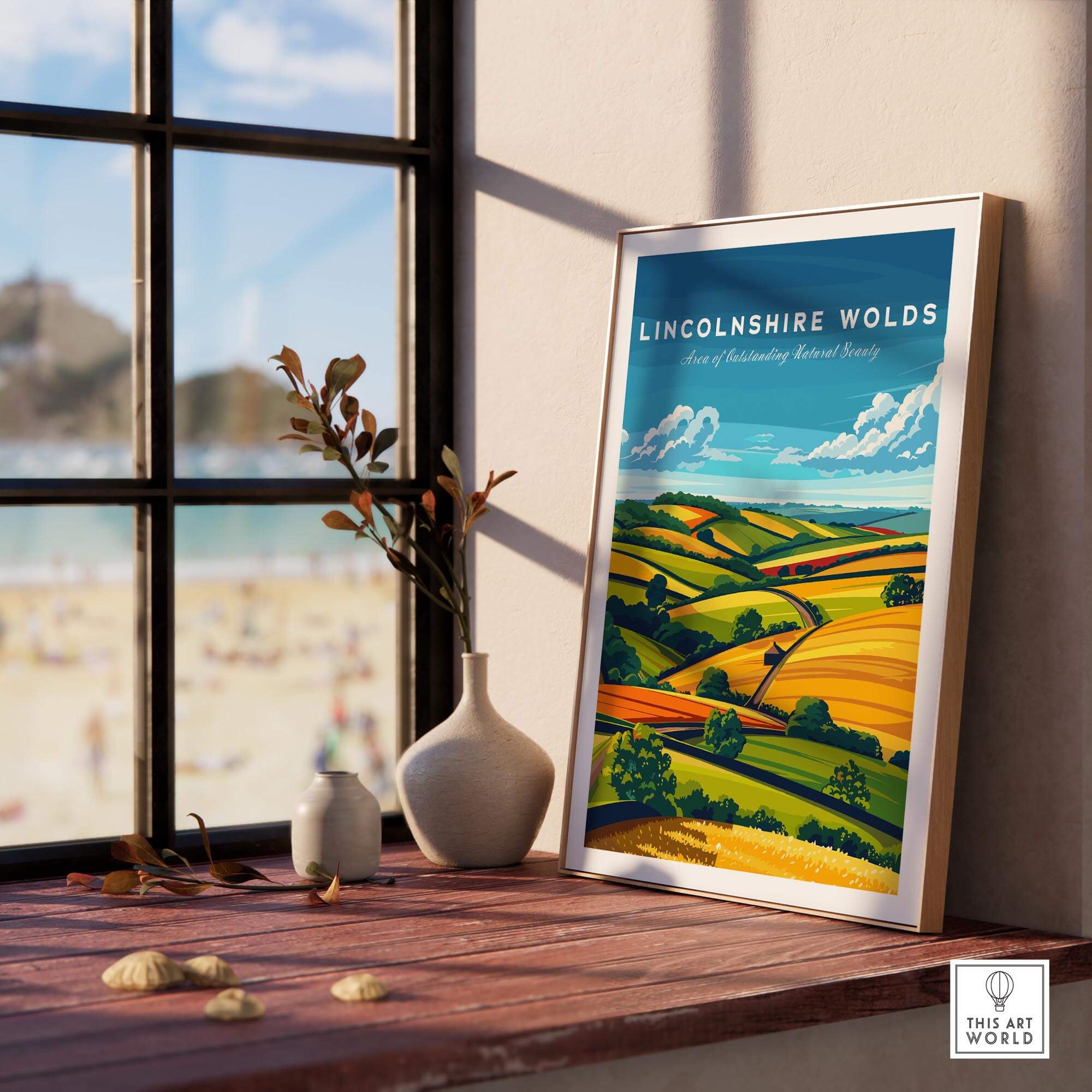 Lincolnshire Wolds Wall Art Print featuring vibrant countryside scenery by the window.