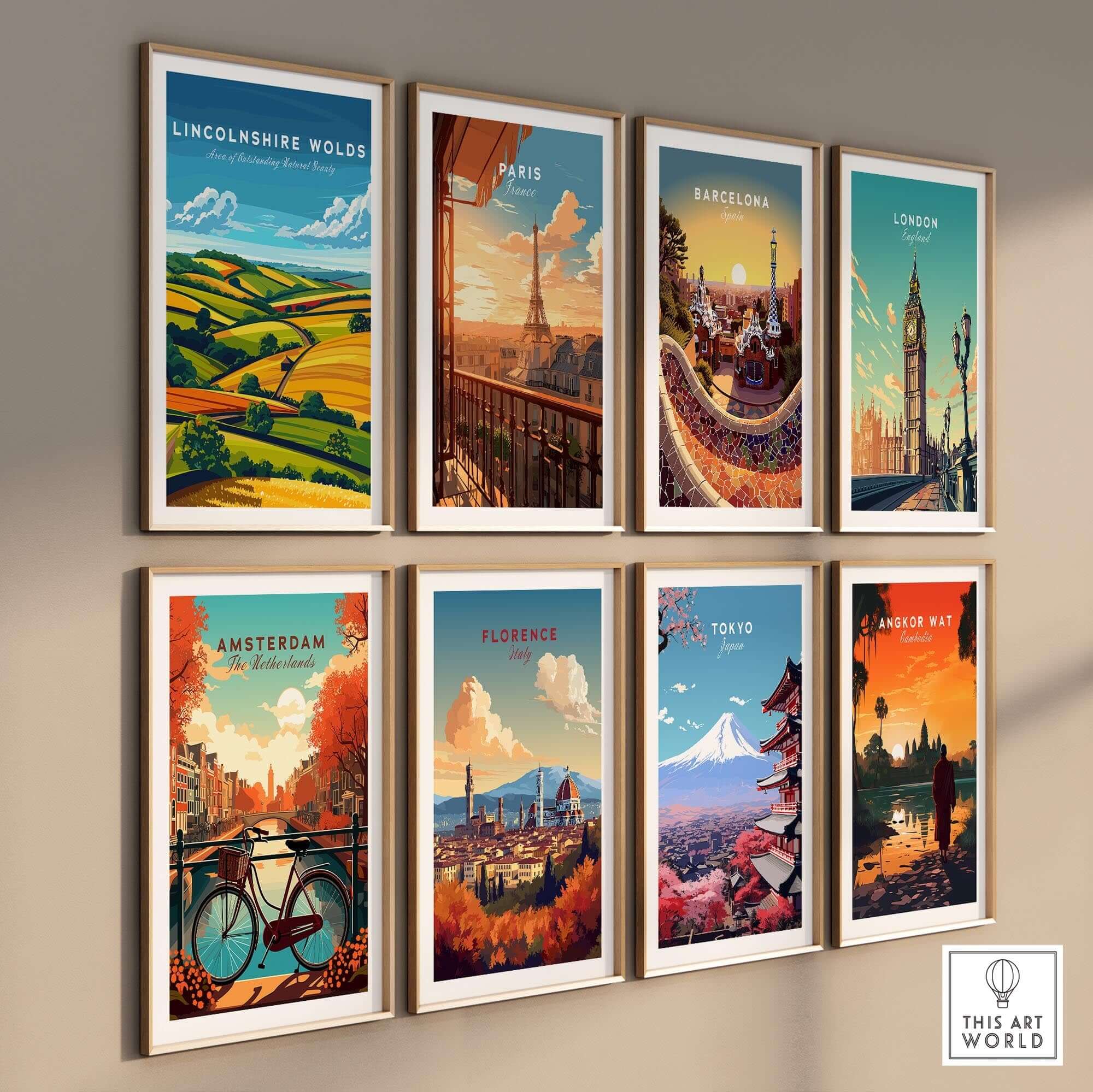 Lincolnshire Wolds Wall Art Print displayed among various city art prints showcasing beautiful landscapes.