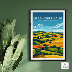 Lincolnshire Wolds Wall Art Print showcasing picturesque English countryside scenery with vibrant fields and rolling hills.
