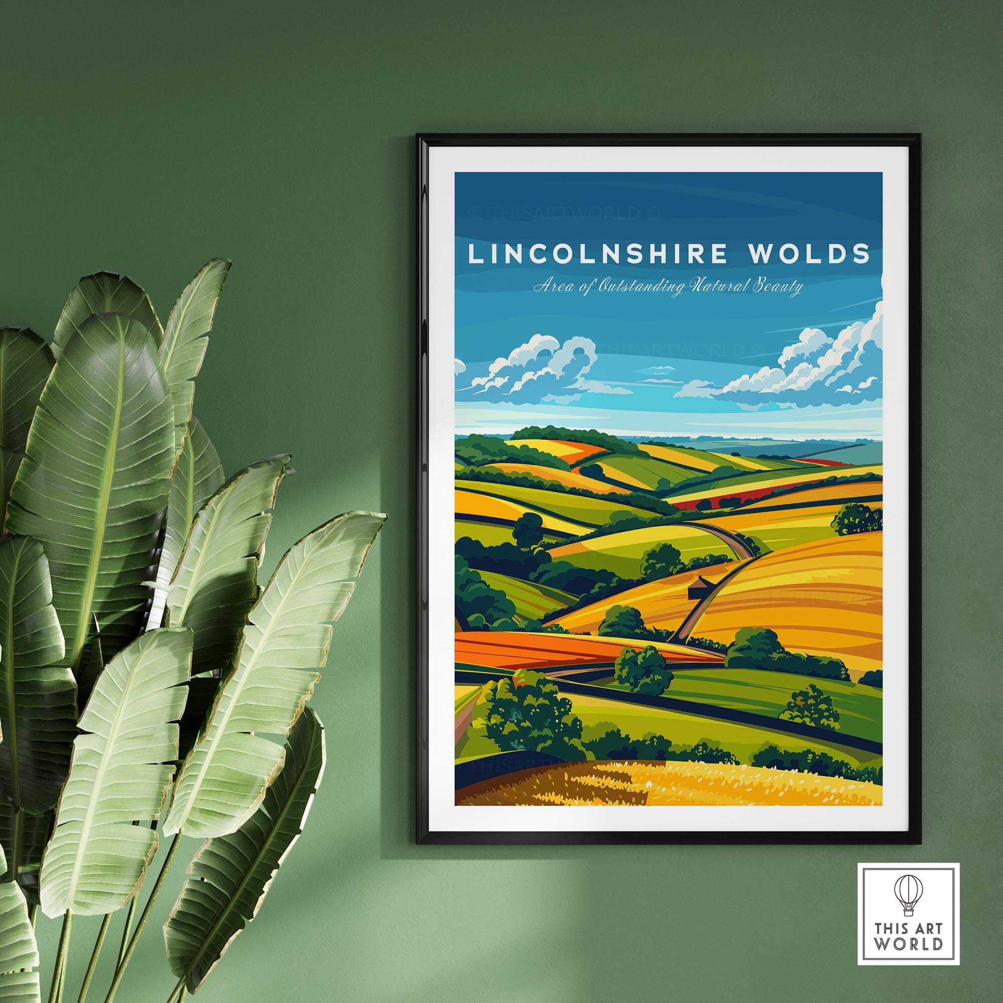 Lincolnshire Wolds Wall Art Print showcasing picturesque English countryside scenery with vibrant fields and rolling hills.