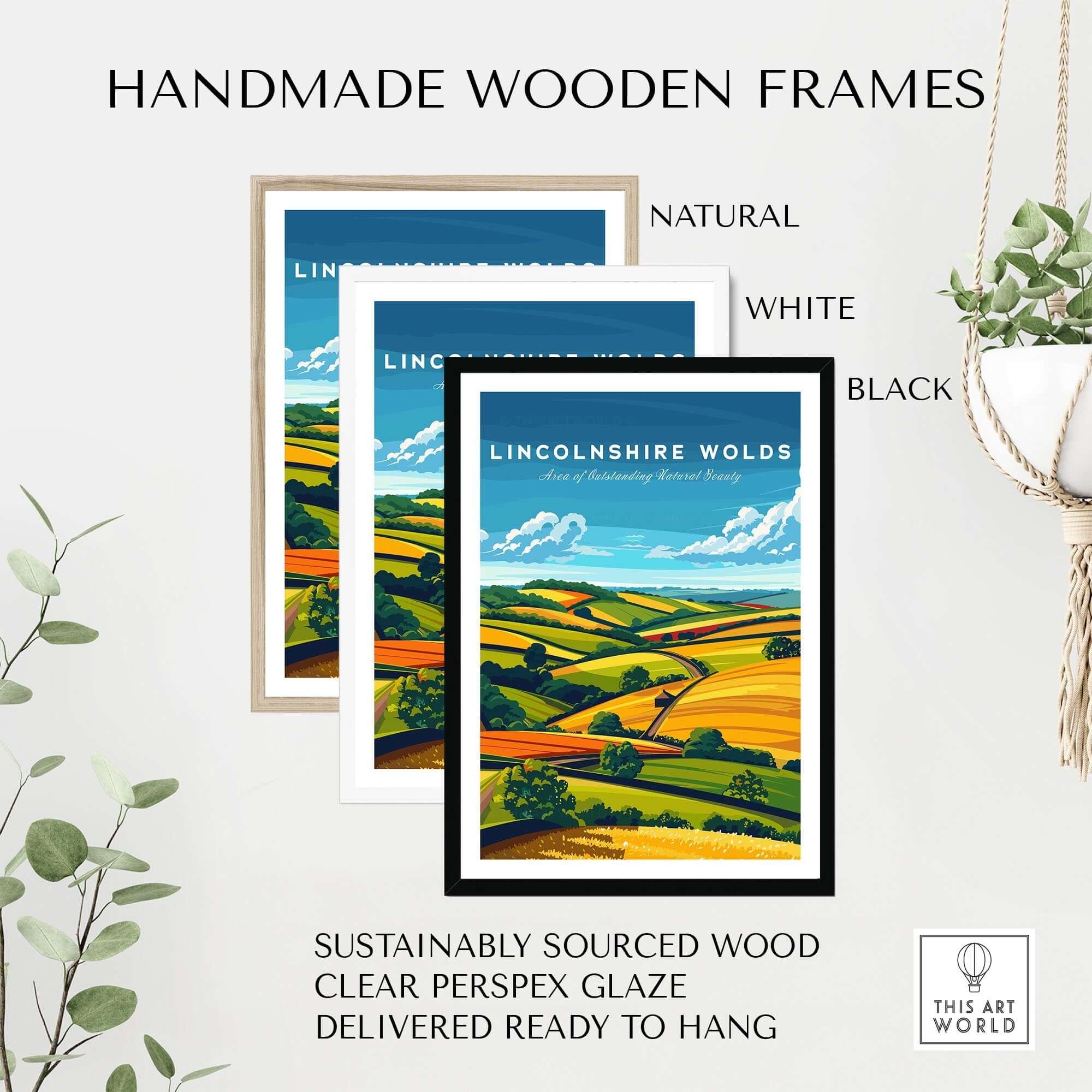 Lincolnshire Wolds Wall Art Print displayed in handmade wooden frames, featuring natural, white, and black options.