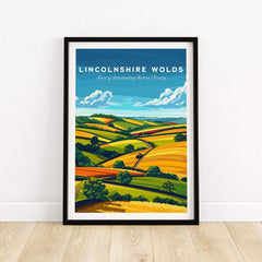 Lincolnshire Wolds Wall Art Print showcasing picturesque rolling hills and vibrant countryside scenery.