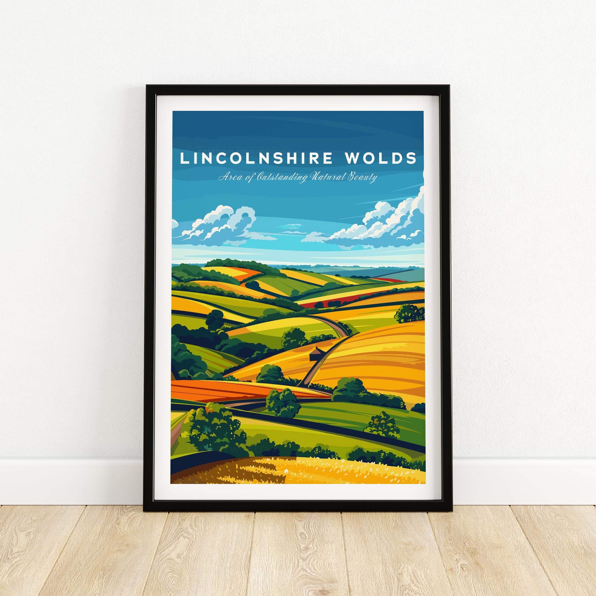 Lincolnshire Wolds Wall Art Print showcasing picturesque rolling hills and vibrant countryside scenery.