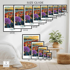 Lisbon Art Print size guide showcasing various frame sizes and vibrant Jacaranda trees.