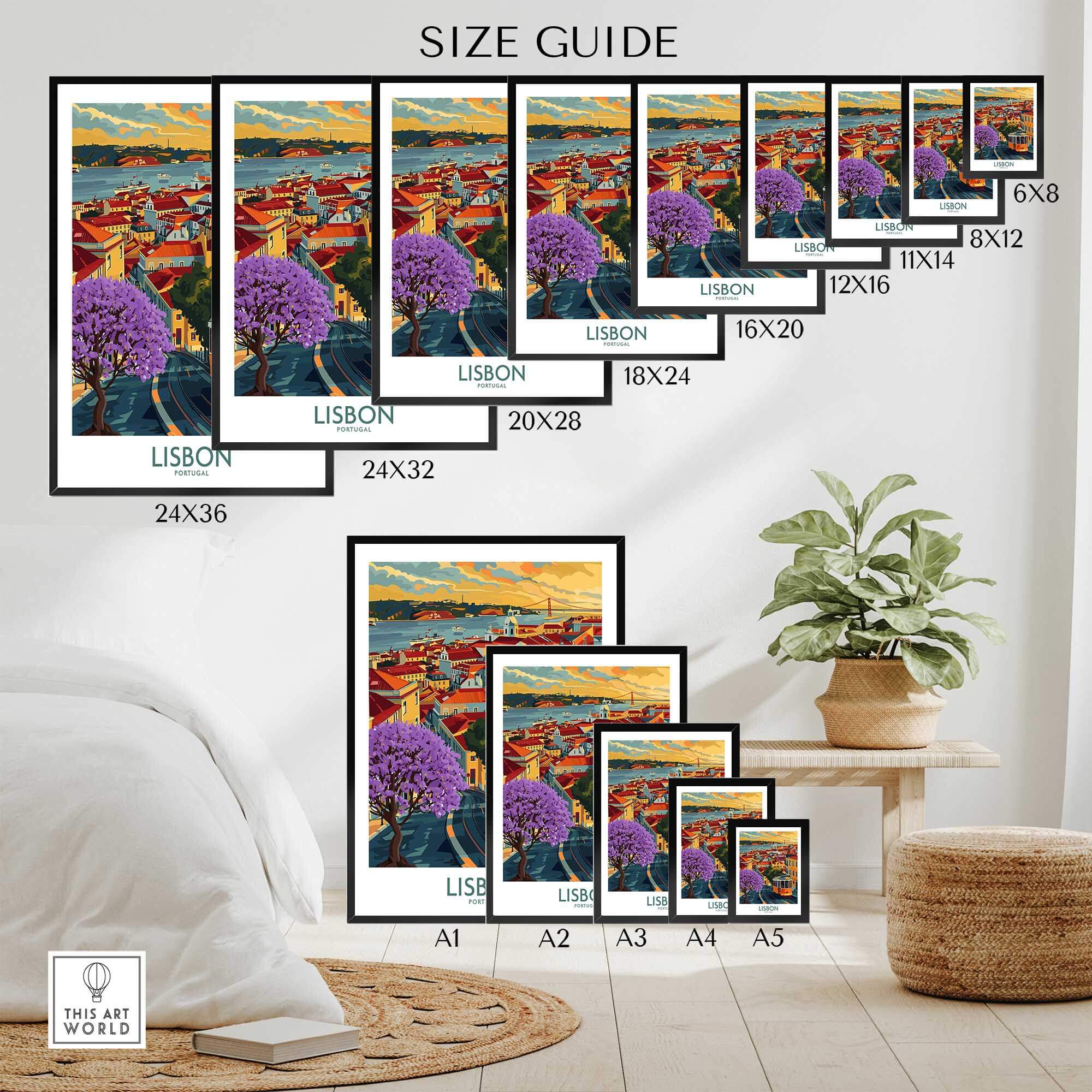 Lisbon Art Print size guide showcasing various frame sizes and vibrant Jacaranda trees.