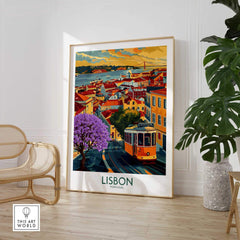 Lisbon Art Print showcasing iconic tram 28 and Jacaranda trees, bringing Lisbon's beauty into your home.