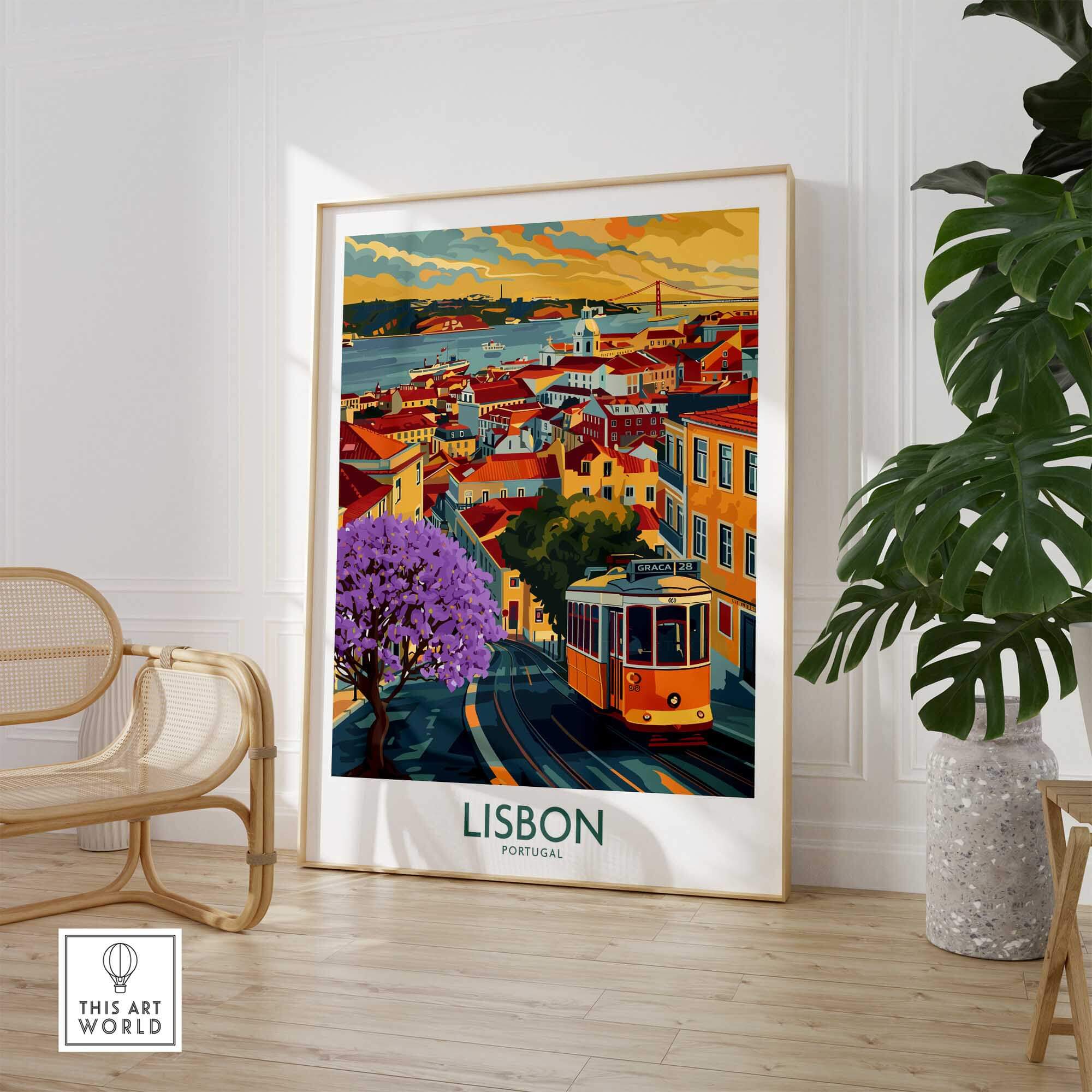 Lisbon Art Print showcasing iconic tram 28 and Jacaranda trees, bringing Lisbon's beauty into your home.