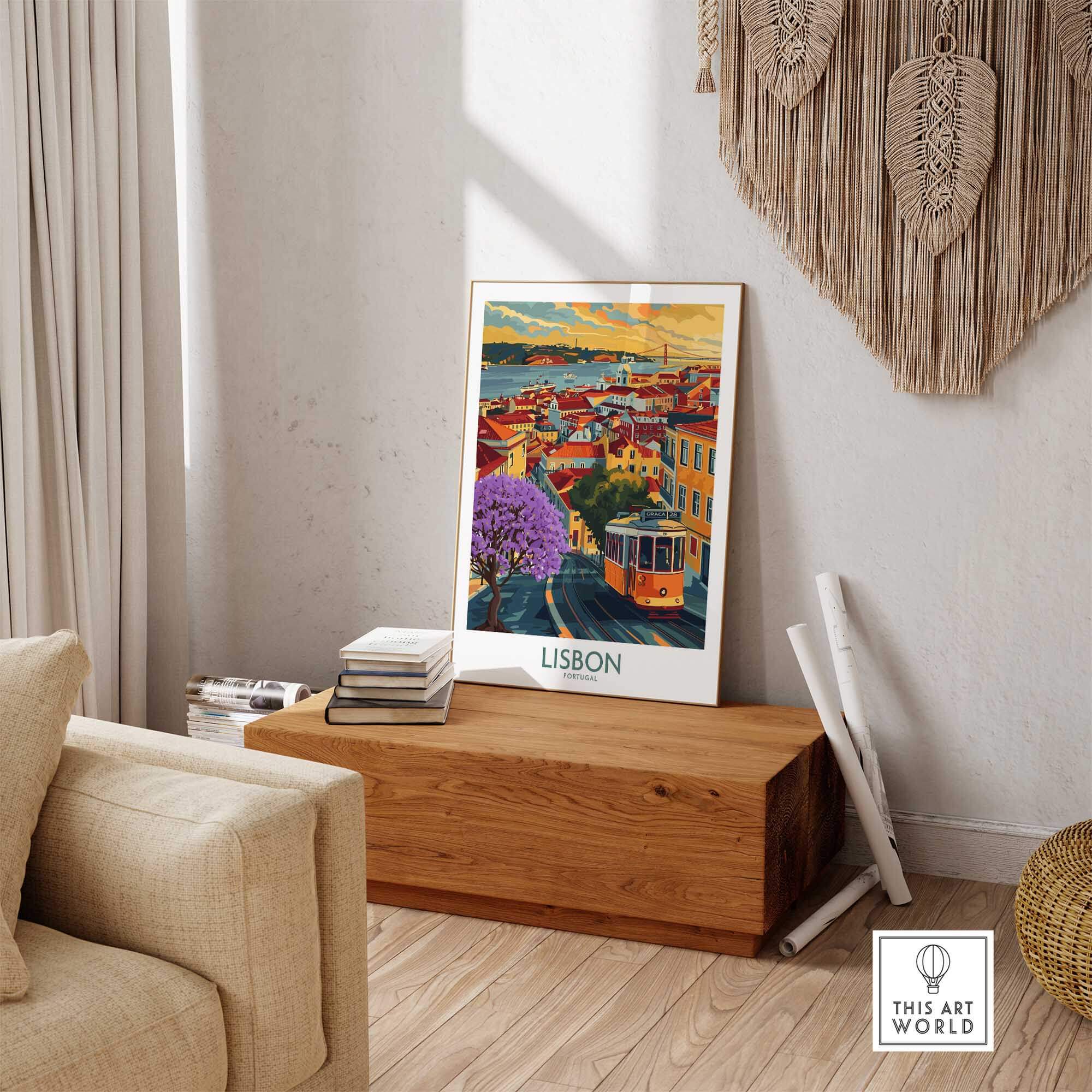 Lisbon Art Print featuring iconic Jacaranda trees and tram 28 in a cozy living space, adding charm to home decor.