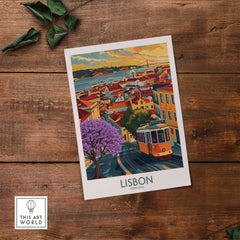 Lisbon Art Print featuring Jacaranda trees and tram 28 capturing the colorful streets of Lisbon, Portugal.